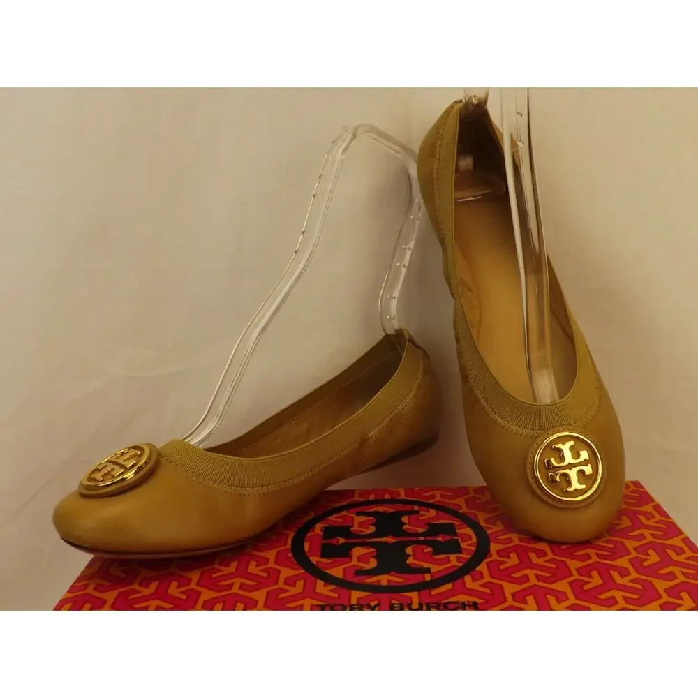 NIB TORY BURCH CAROLINE 2 DARK SAND LEATHER GOLD REVA NELLIE BALLET FLATS 7.5